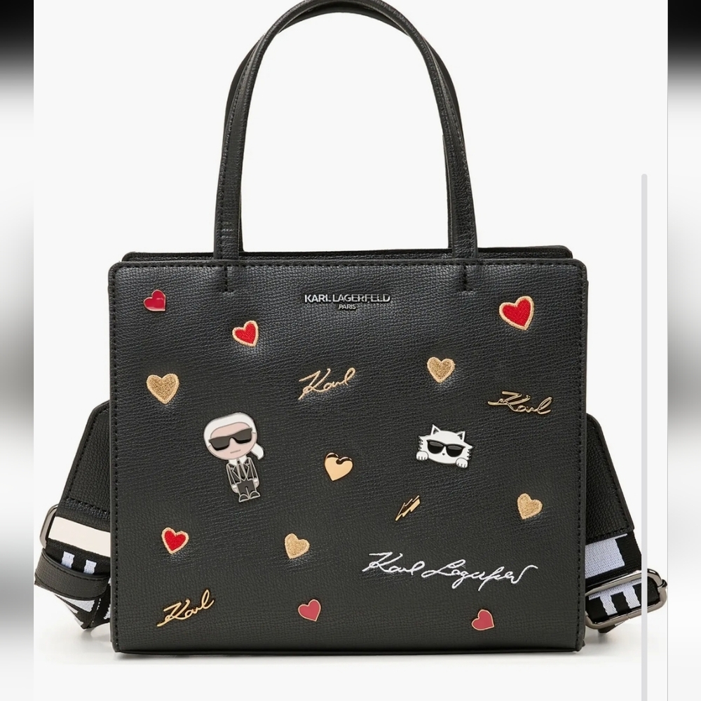 Karl Lagerfeld Black Crossbody Or Tote W/ Red and Gold Heart Embellishments New
